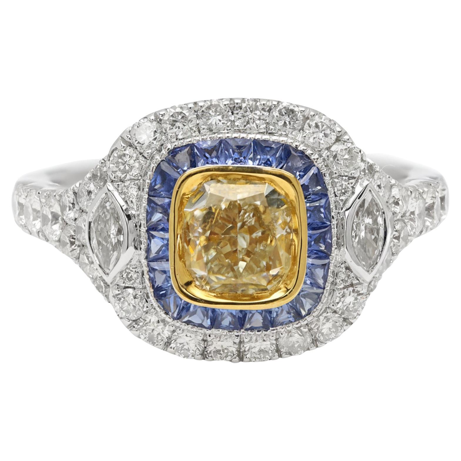 Diamant jaune 1,04 carat  & Bague saphir bleu Bague art déco en or 18 carats