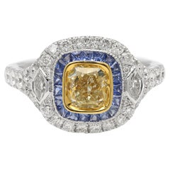Diamant jaune 1,04 carat  & Bague saphir bleu Bague art déco en or 18 carats