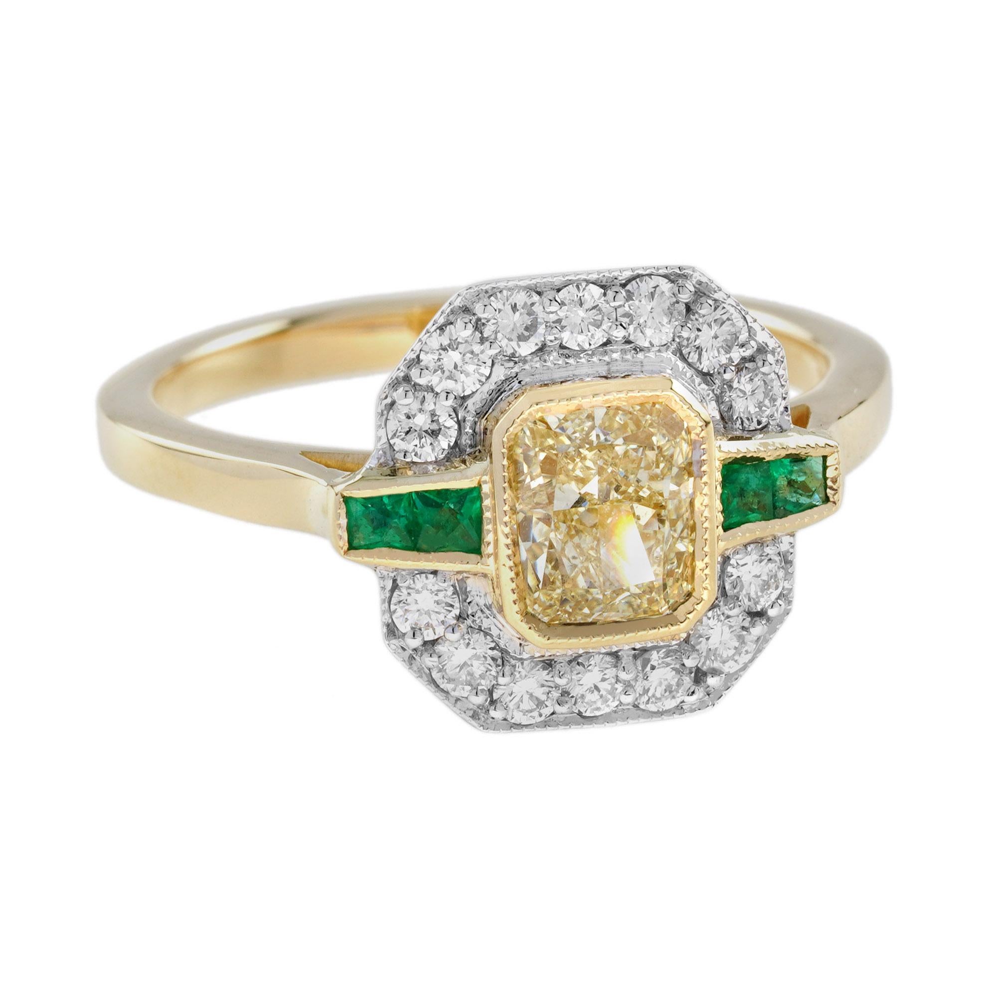 Emerald Cut GIA Diamond and Emerald Art Deco Style Engagement Ring in 18K Yellow Gold For Sale