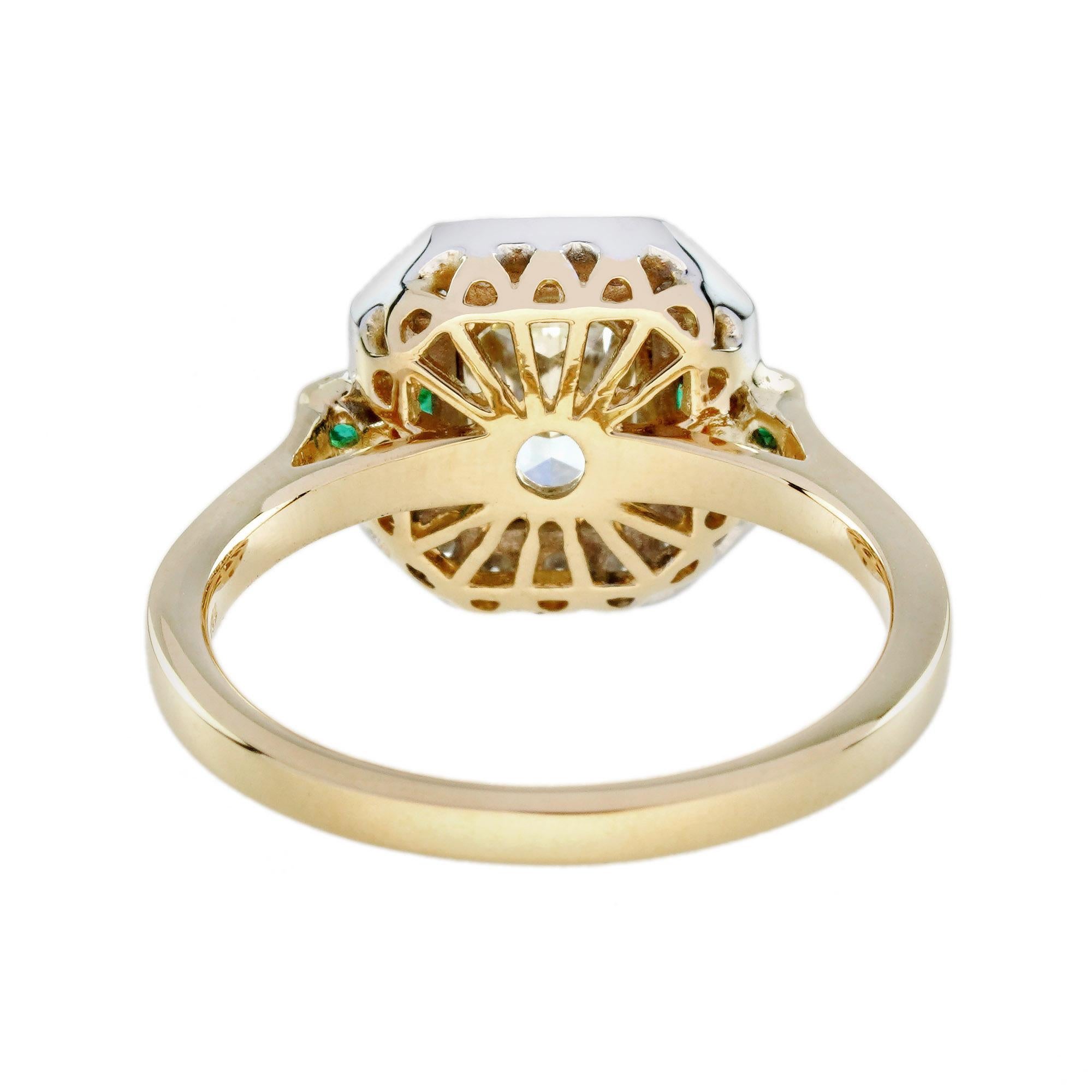 Women's GIA Diamond and Emerald Art Deco Style Engagement Ring in 18K Yellow Gold For Sale