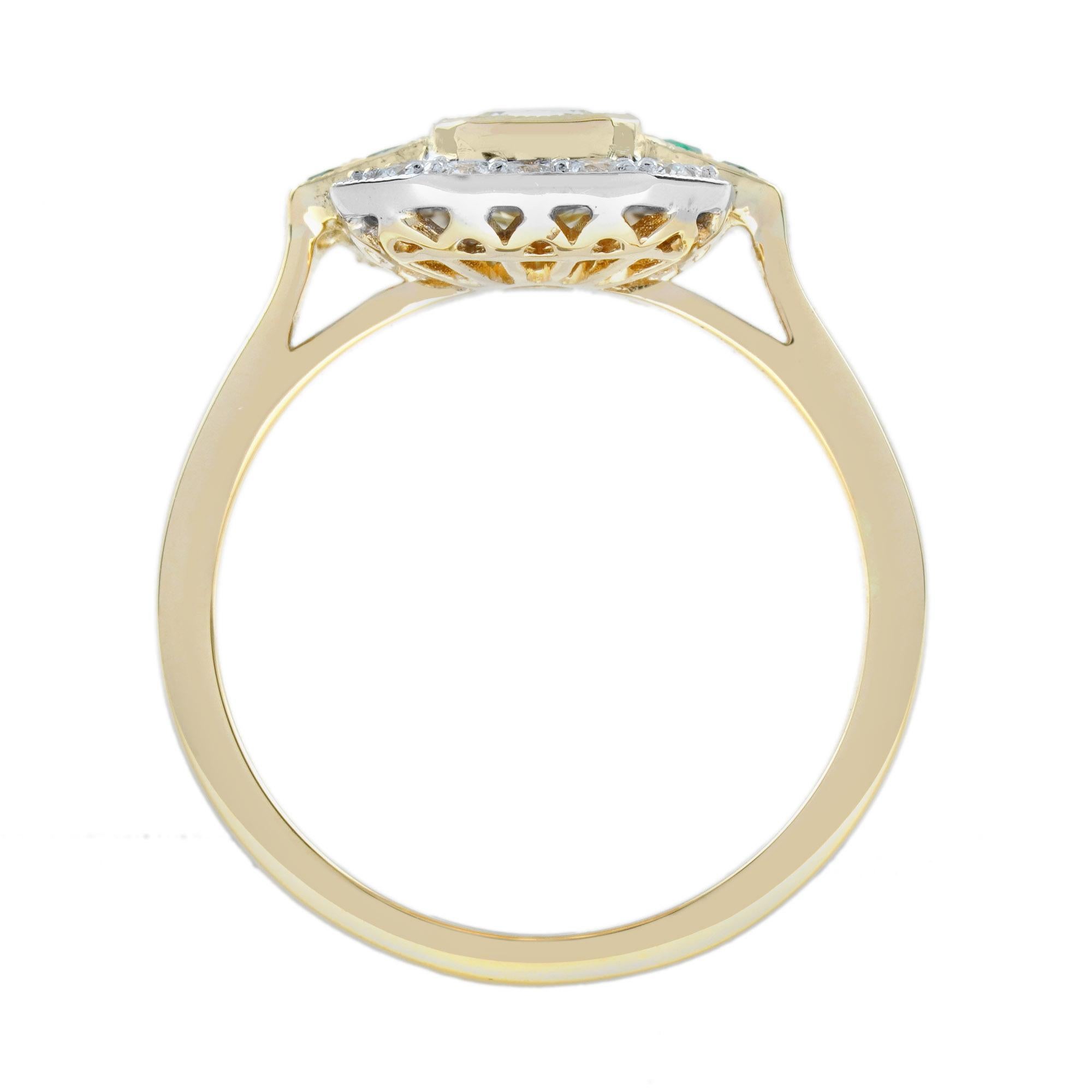 GIA Diamond and Emerald Art Deco Style Engagement Ring in 18K Yellow Gold For Sale 1