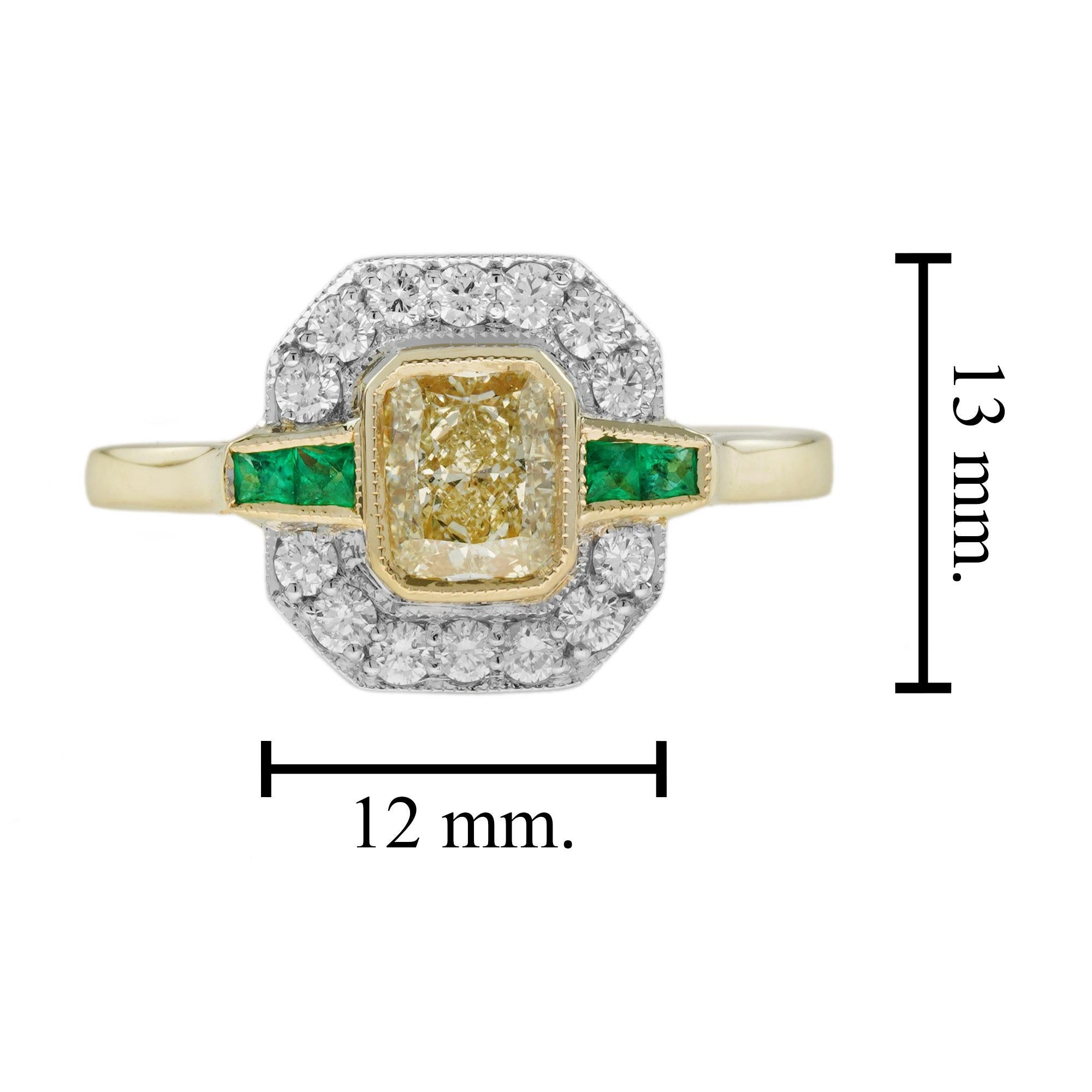 GIA Diamond and Emerald Art Deco Style Engagement Ring in 18K Yellow Gold For Sale 2