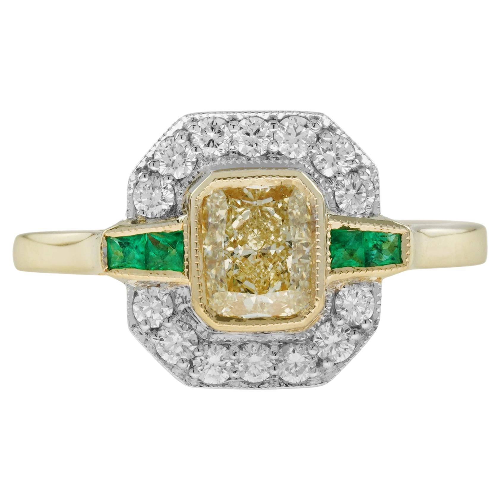 GIA Diamond and Emerald Art Deco Style Engagement Ring in 18K Yellow Gold For Sale