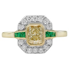 Yellow Diamond and Emerald Art Deco Style Engagement Ring in 18K Yellow Gold