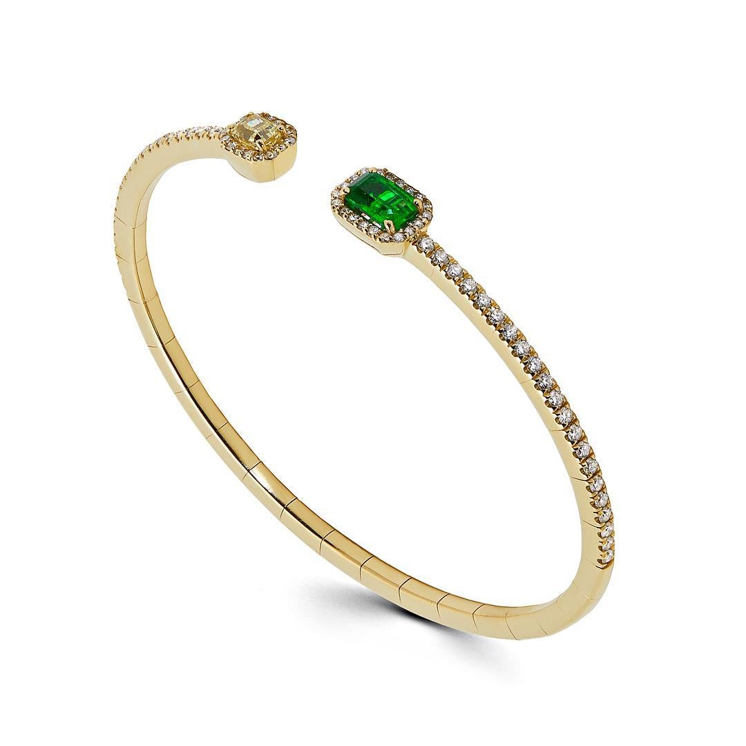 Baguette Cut Yellow Diamond and Emerald Flexible Open Bangle For Sale