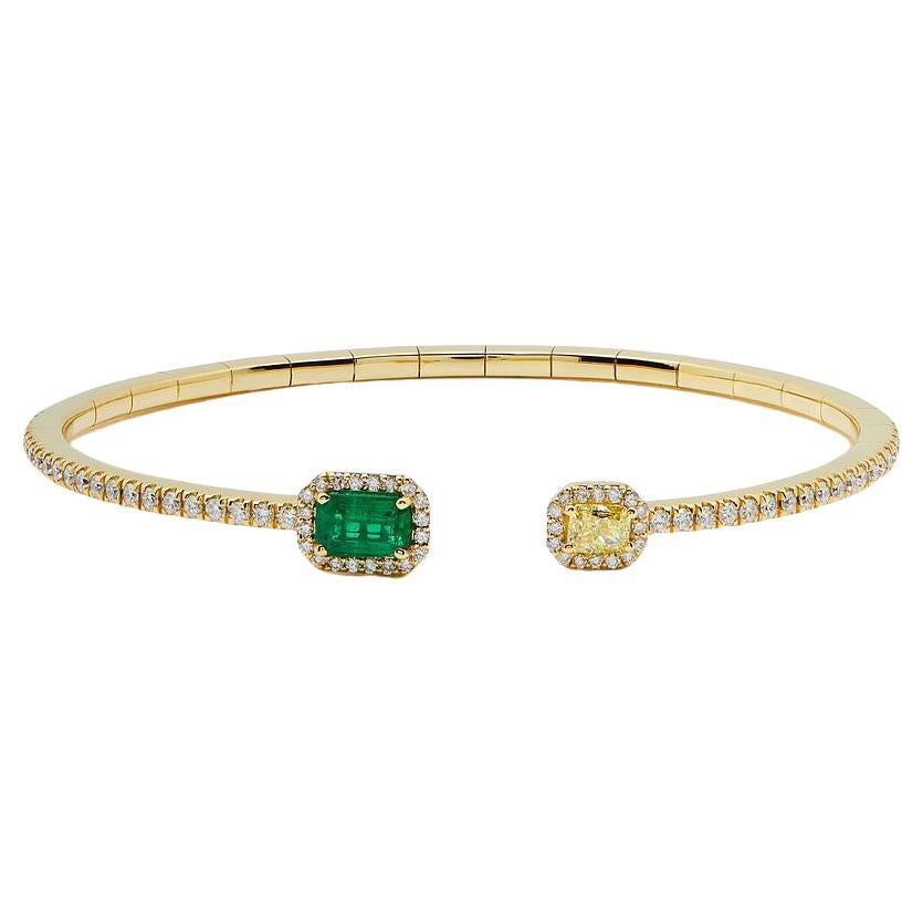 Bracciale aperto flessibile con diamante giallo e smeraldo