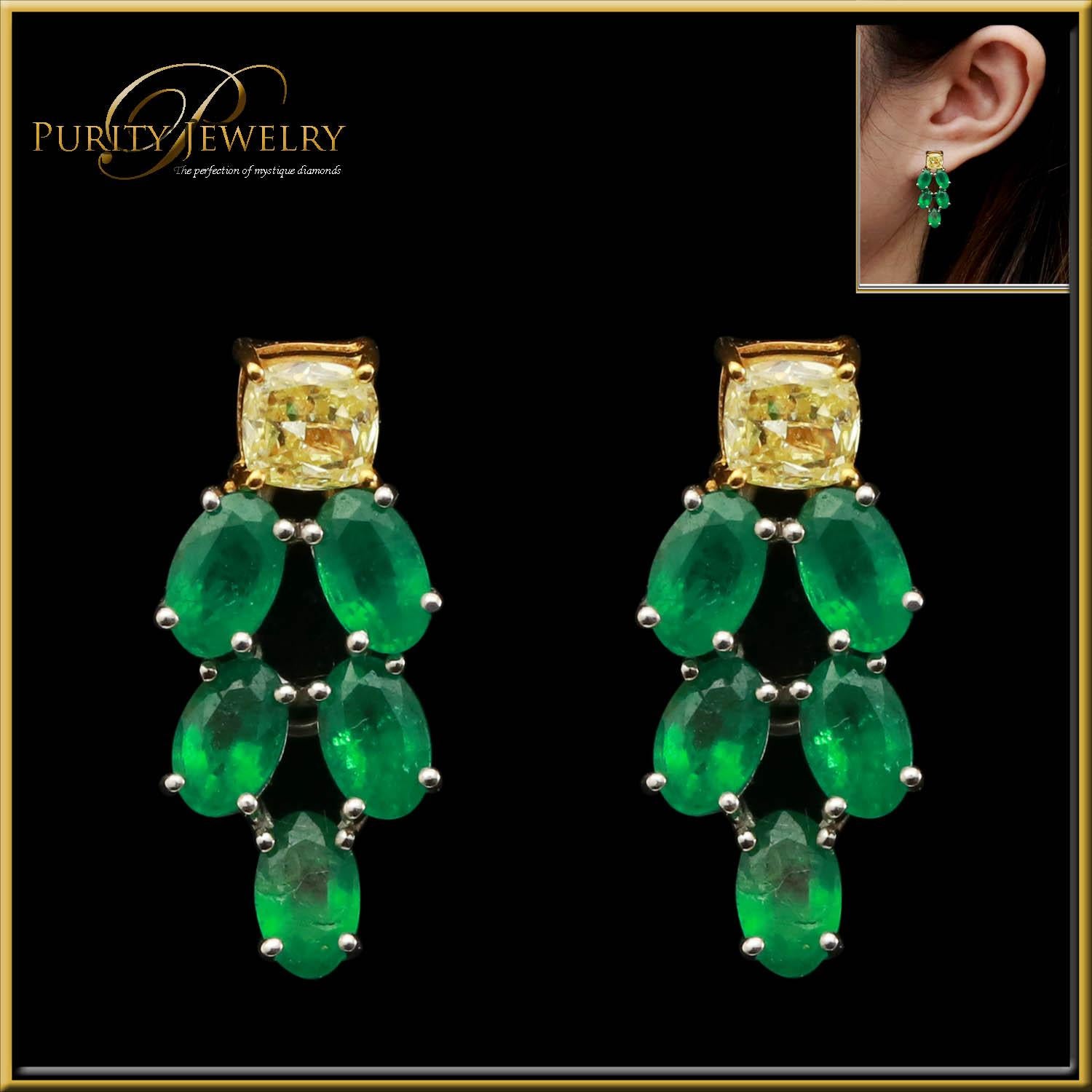 Yellow Diamond and Emeralds Earring in a chandelier style.
The combination of yellow diamonds and emeralds creates a beautiful contrast.
The piece is crafted in - house by our master craftsmen in Thailand. 
The Diamond Quality is G/H VS - SI. The