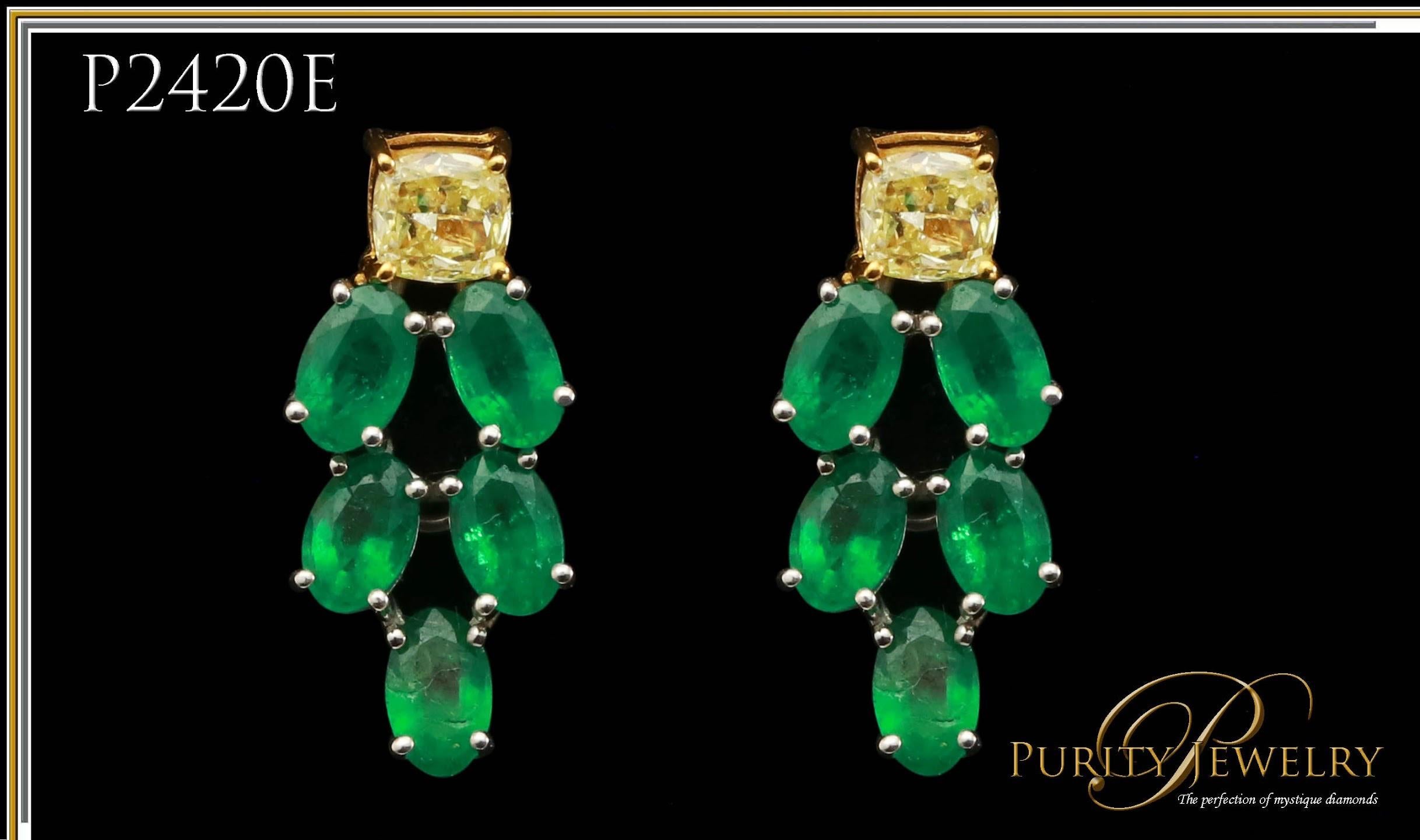 Baguette Cut Yellow Diamond and Emeralds Earring in 18 Karat Gold For Sale