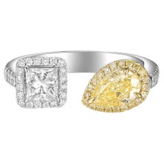 Yellow Diamond and Princess Cut Diamond Toi et Moi Ring in 18 Karat Gold
