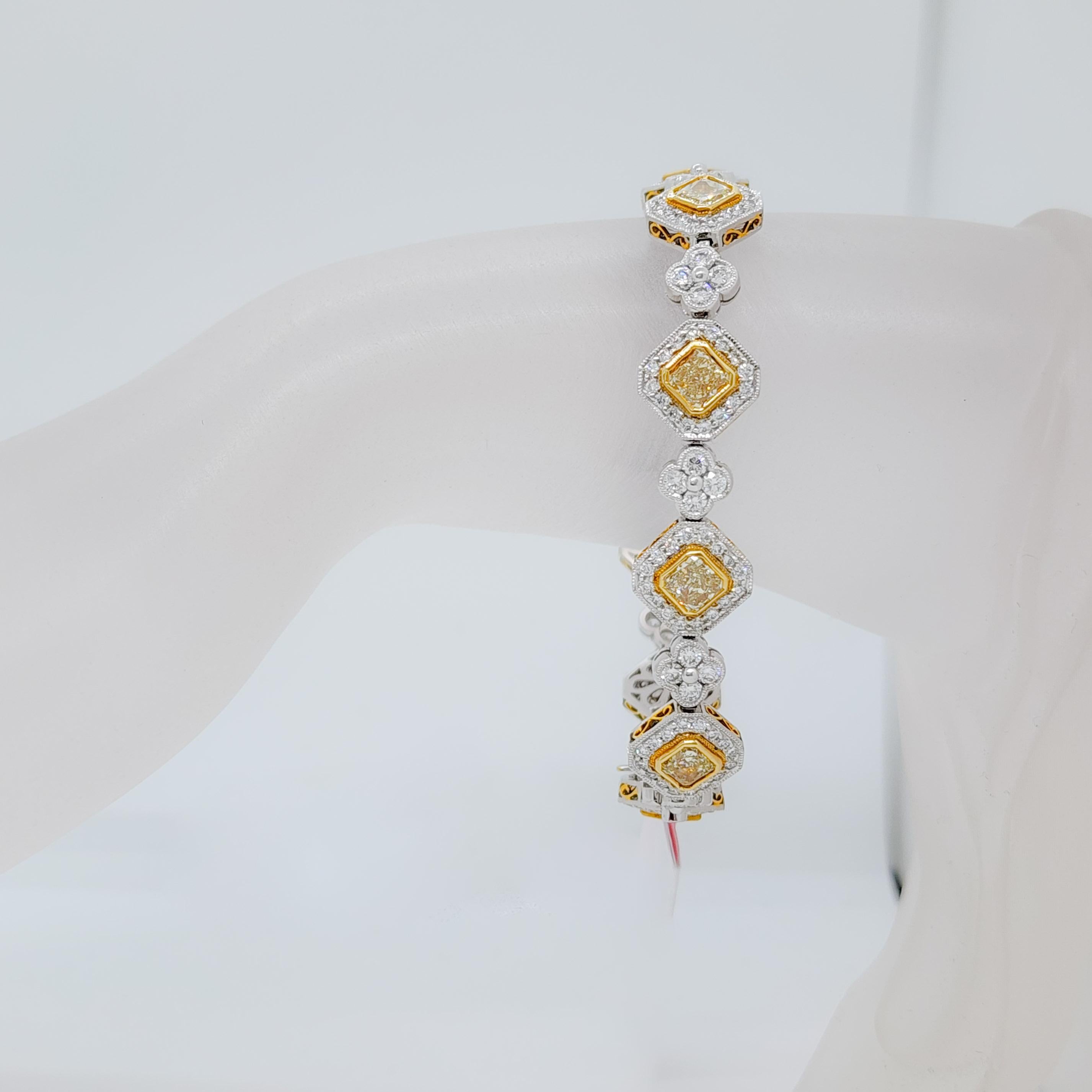 Radiant Cut Yellow Diamond and White Diamond Bracelet in 18k For Sale