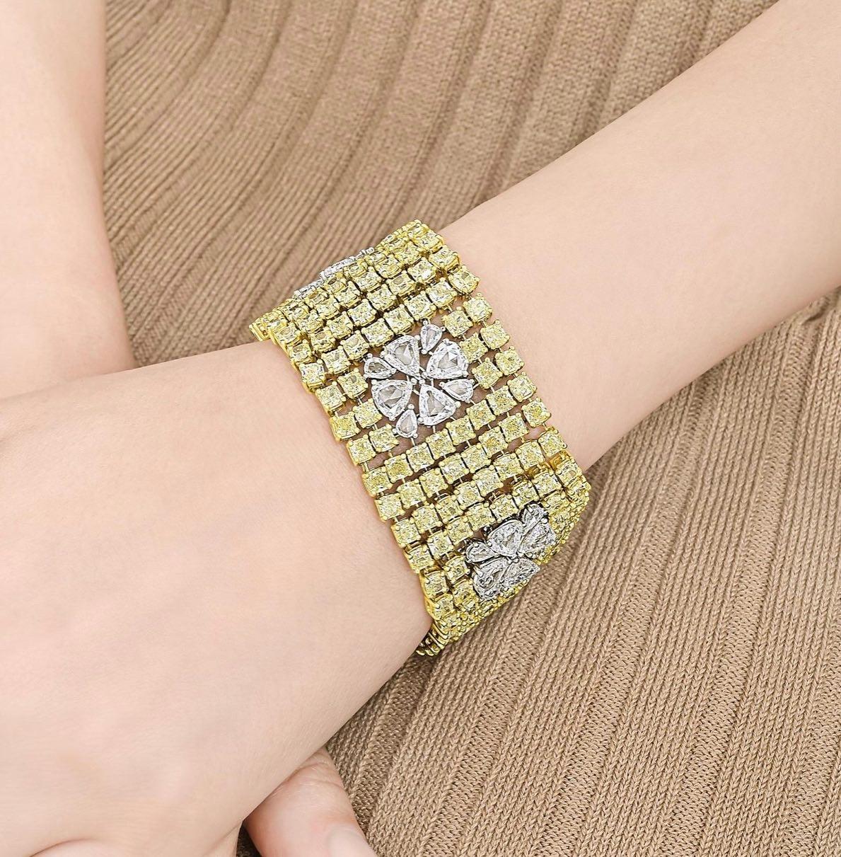 Contemporary Yellow Diamond And White Diamond Wide Bracelet In 18K Yellow Gold. For Sale