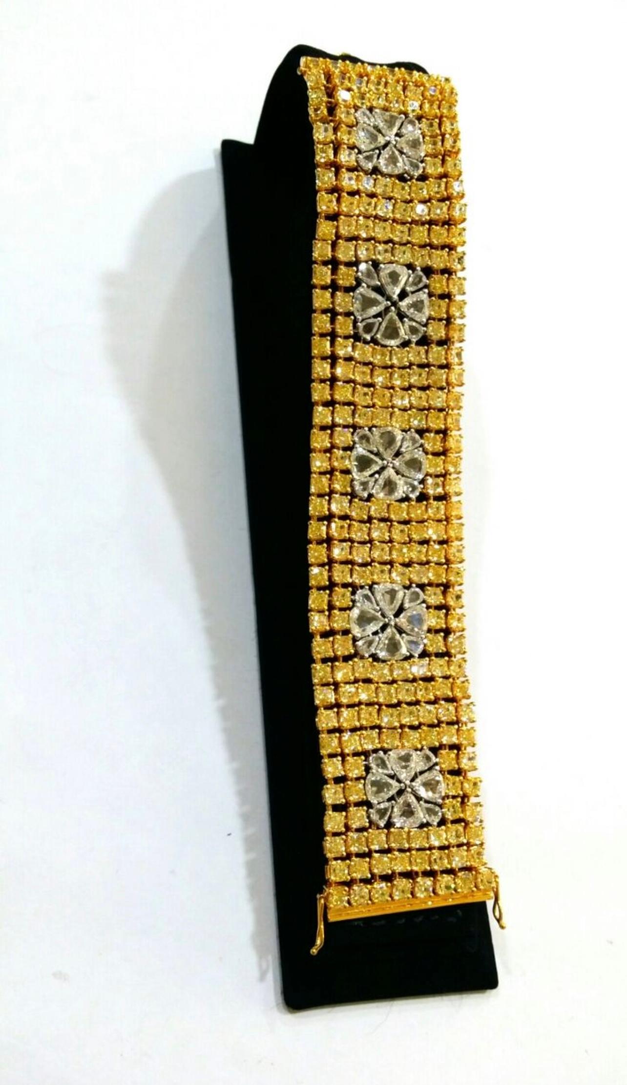 Women's or Men's Yellow Diamond And White Diamond Wide Bracelet In 18K Yellow Gold.  For Sale