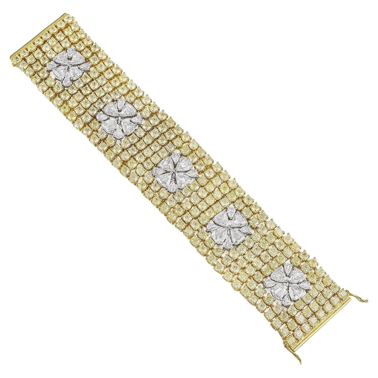 Yellow Diamond And White Diamond Wide Bracelet In 18K Yellow Gold.  For Sale