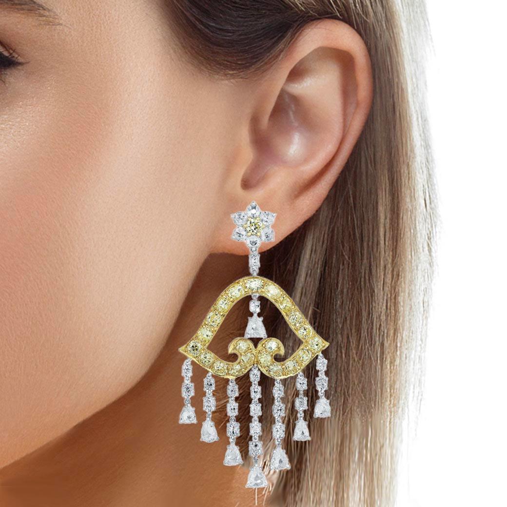 Pear Cut Yellow and White Diamond Chandelier Dangle Earrings For Sale