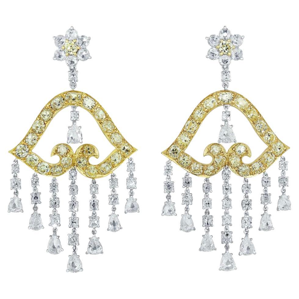 Yellow and White Diamond Chandelier Dangle Earrings