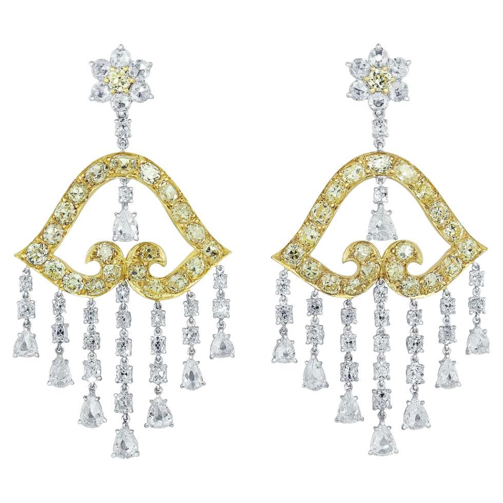 Yellow and White Diamond Chandelier Dangle Earrings For Sale