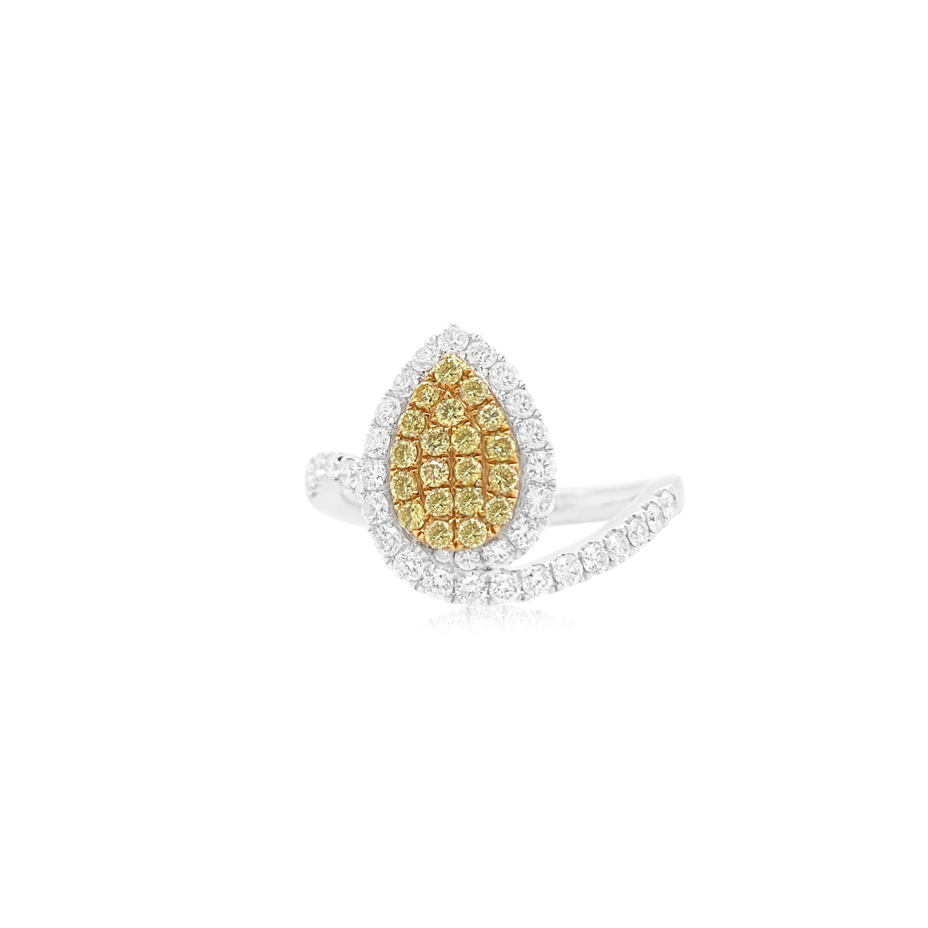 This beautiful signature Ring with a harmonius design of yellow and white diamonds is a stunner at evening Cocktail parties.

- Yellow Diamond - 0.25 CT
- White Diamond - 0.48 CT
Made in PT900 and 18K Gold

HYT Jewelry is a privately owned company