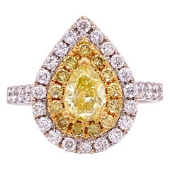 Yellow Diamond and White Diamond Double Halo Cocktail Ring Fine Estate Jewelry