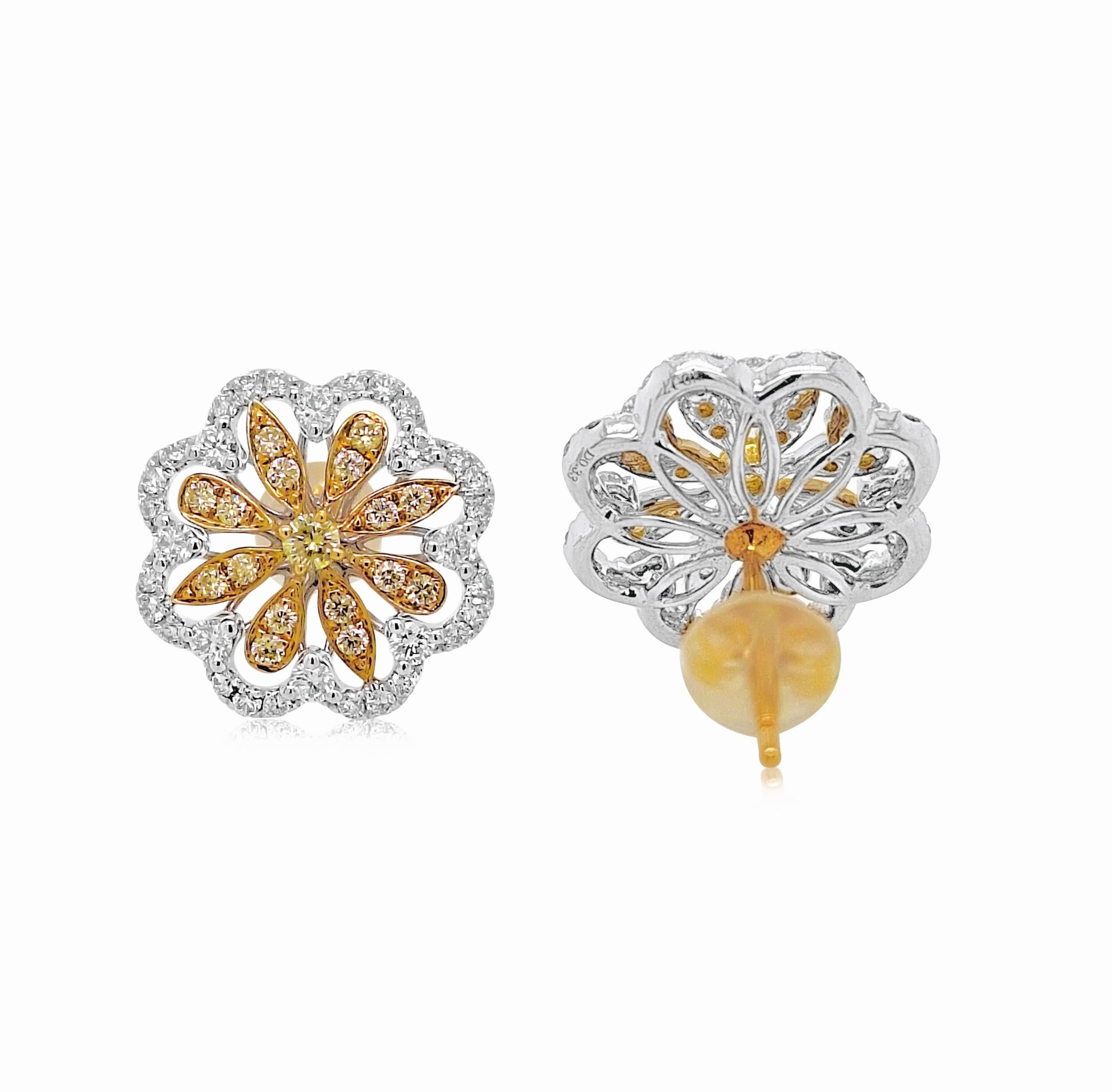 Contemporary Yellow Diamond and White Diamond Floral Designer Earrings made in Gold, Platinum For Sale