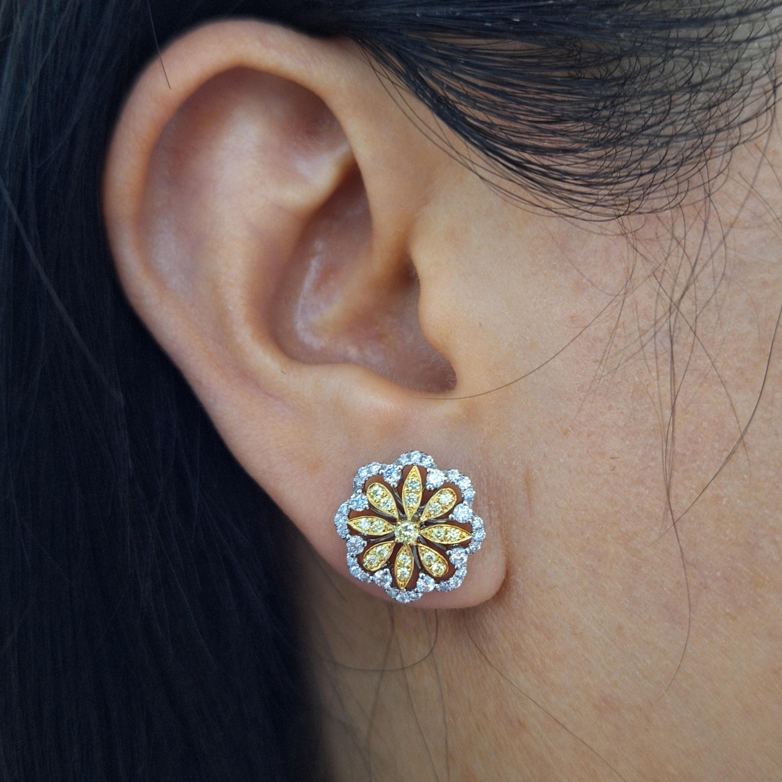 Round Cut Yellow Diamond and White Diamond Floral Designer Earrings made in Gold, Platinum For Sale