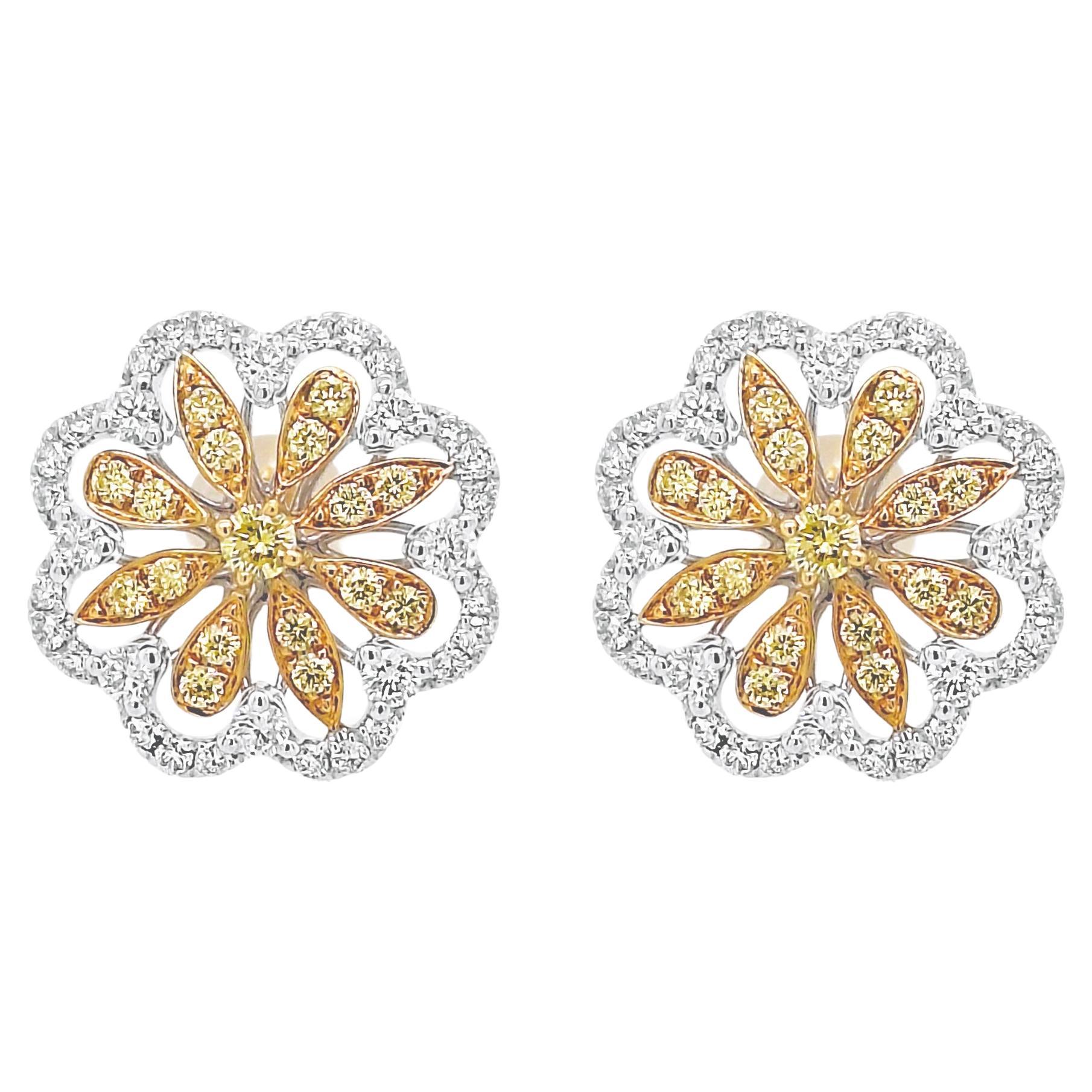 Yellow Diamond and White Diamond Floral Designer Earrings made in Gold, Platinum For Sale