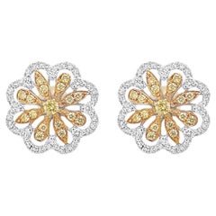 Boucles d'oreilles designer florales en or, platine et diamants jaunes et diamants blancs