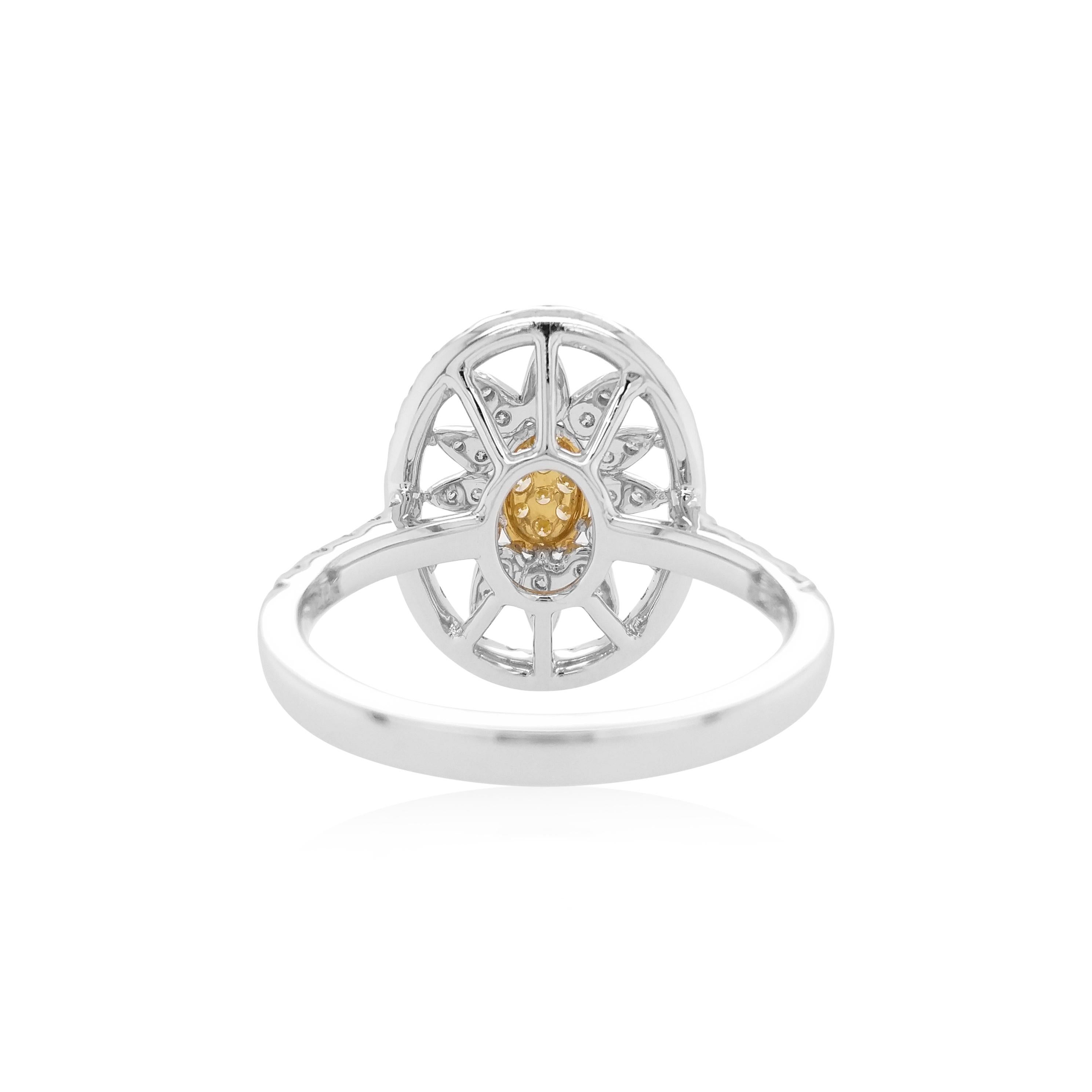 This unique ring features striking natural Yellow diamonds at its centre, surrounded by a bold pattern scintillating white diamonds. The perfect piece to take you from day to night, this ring will elevate any outfit - especially when paired with the