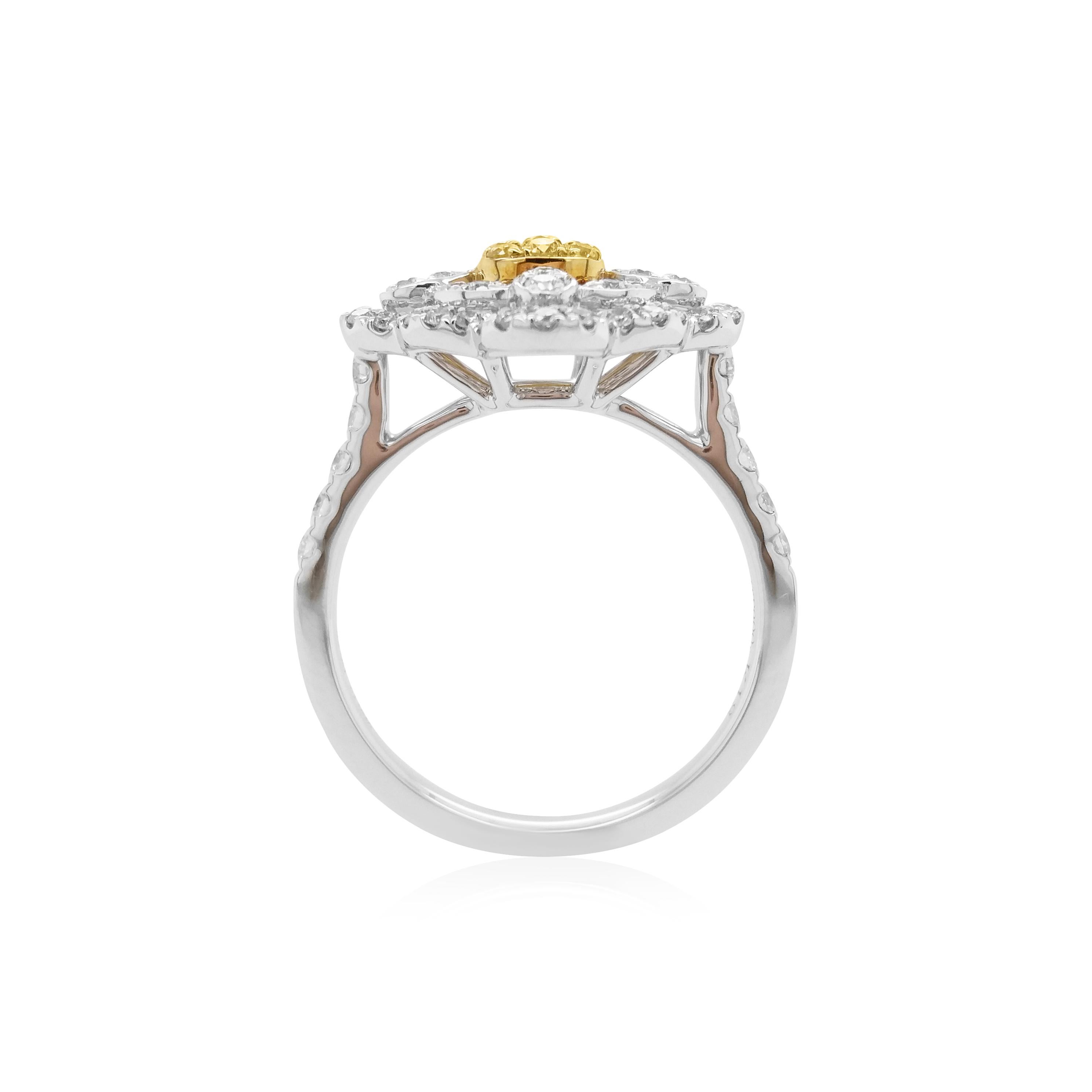 Contemporary Yellow Diamond White Diamond Platinum Cocktail Ring For Sale