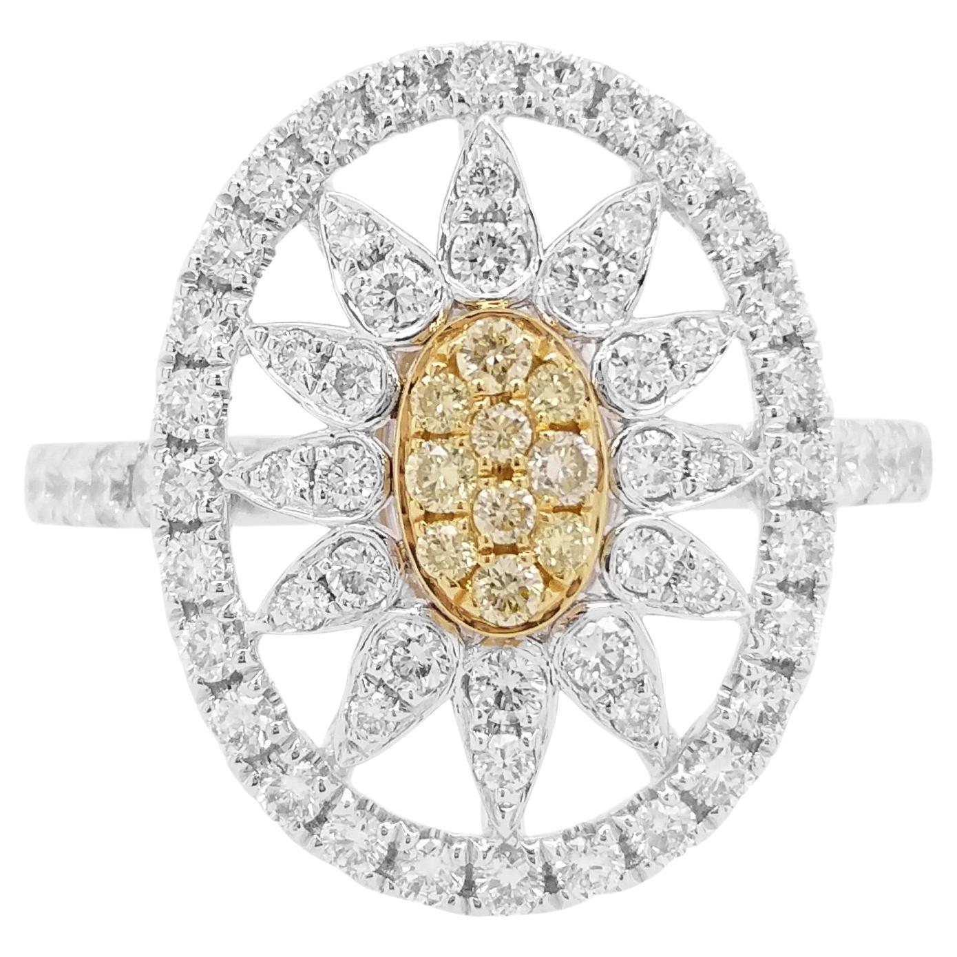 Anello da cocktail in platino con diamante giallo e diamante bianco