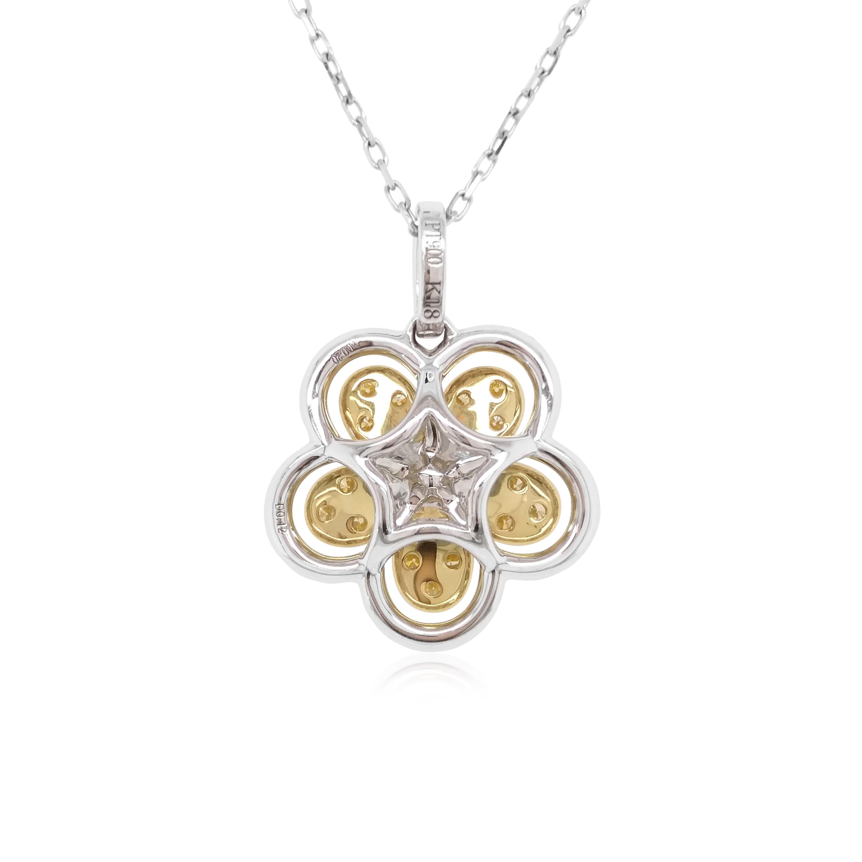 This unique floral pendant features spectacular natural White and Yellow diamonds at its centre, surrounded by a bold pattern dazzling white diamonds. The perfect piece to take you from day to night, this pendant will elevate any outfit - especially