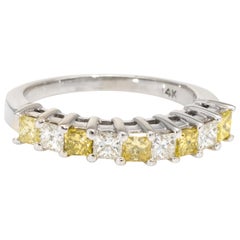 Yellow Diamond Anniversary Band Vintage 14k White Gold Ring .63ctw Princess Cut