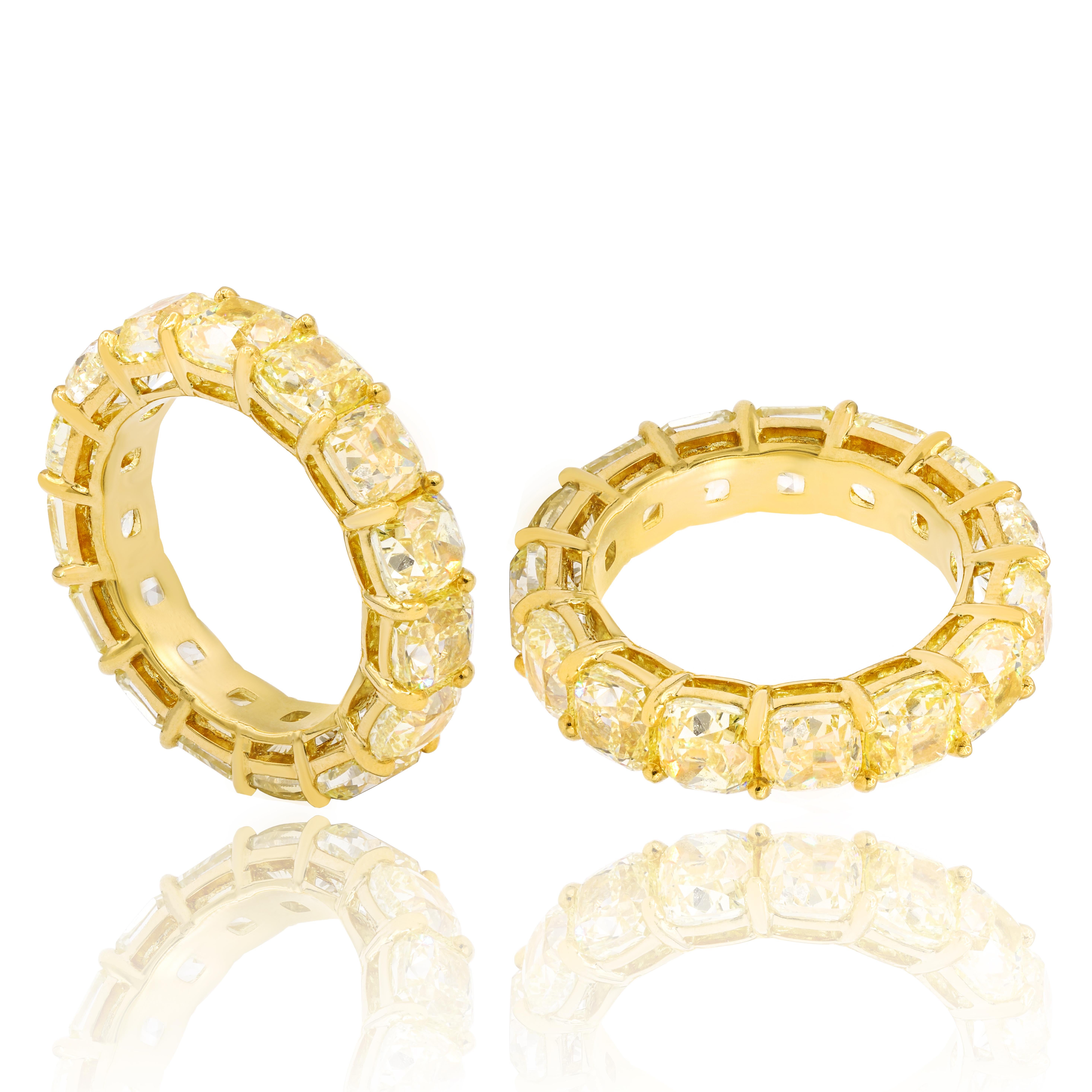 This Canary Yellow Diamond Band, features 10.85 Carats of Yellow Cushion cut diamonds, total 15 stones. Each stone average 0.72 Carats  set in 18K Yellow Gold. Ring size 6

