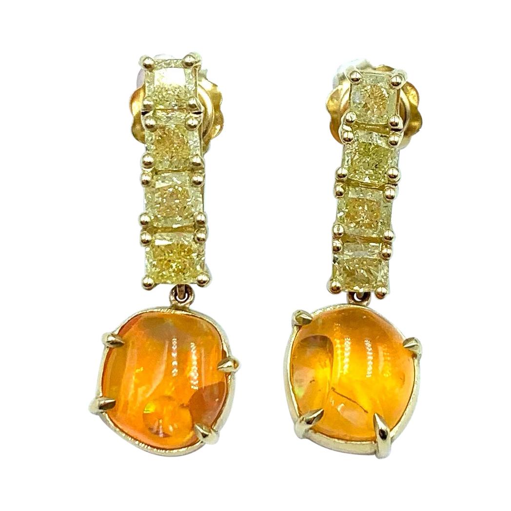 Yellow Diamond Bar and Mexican Fire Opal Dangly Earrings