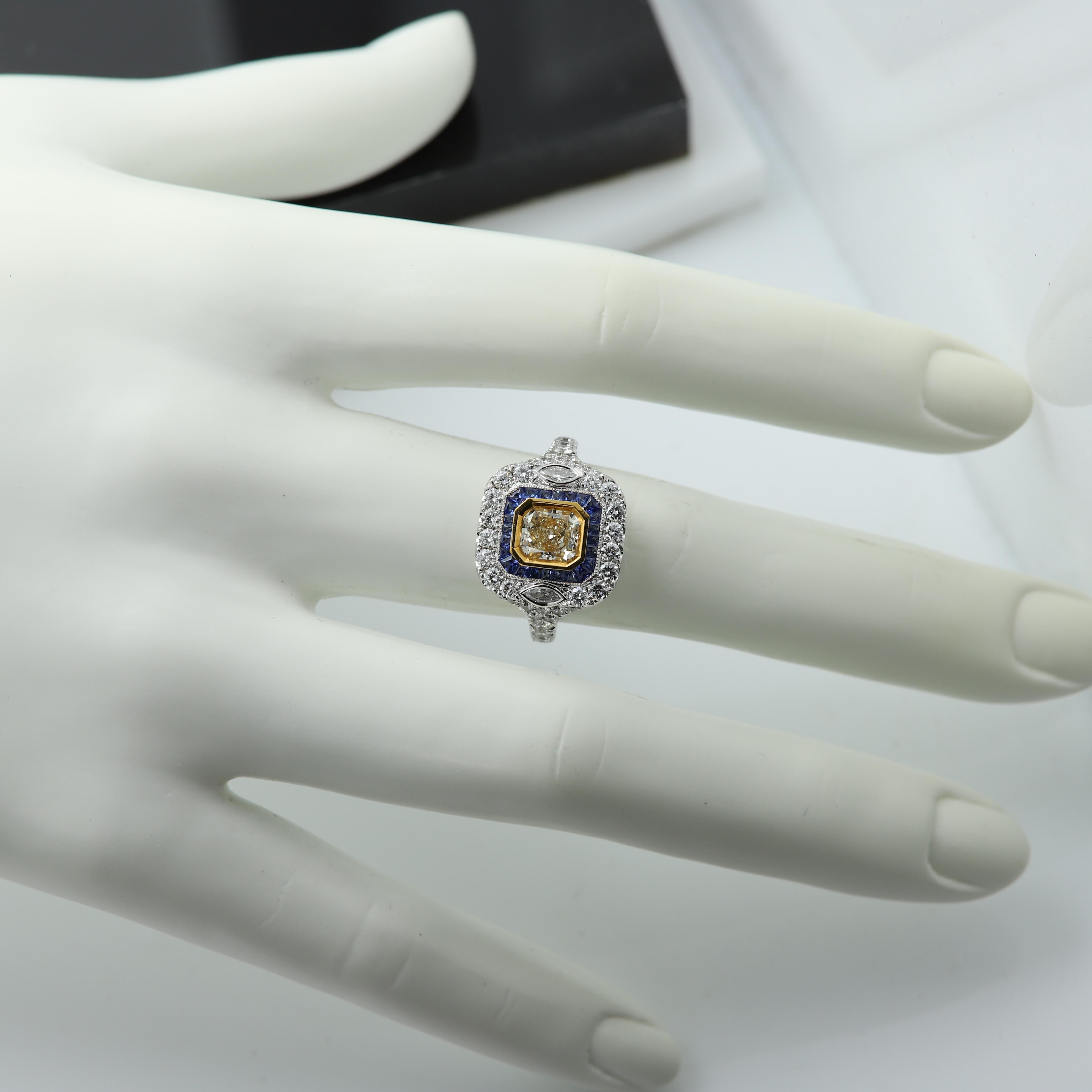 Art Deco Yellow Diamond & Blue Sapphire Ring 18 Karat Two Tone Gold and Diamonds For Sale
