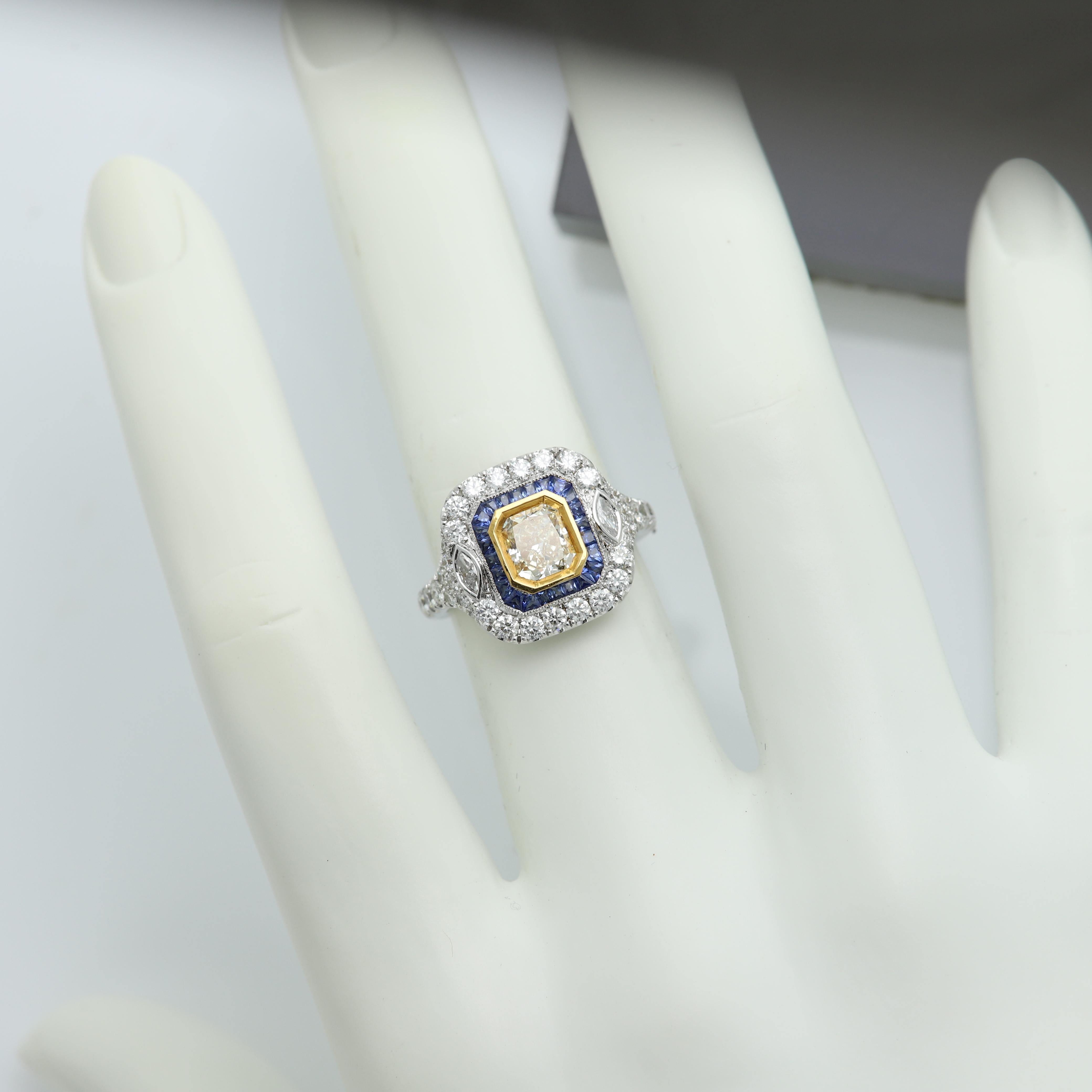 Women's Yellow Diamond & Blue Sapphire Ring 18 Karat Two Tone Gold and Diamonds For Sale
