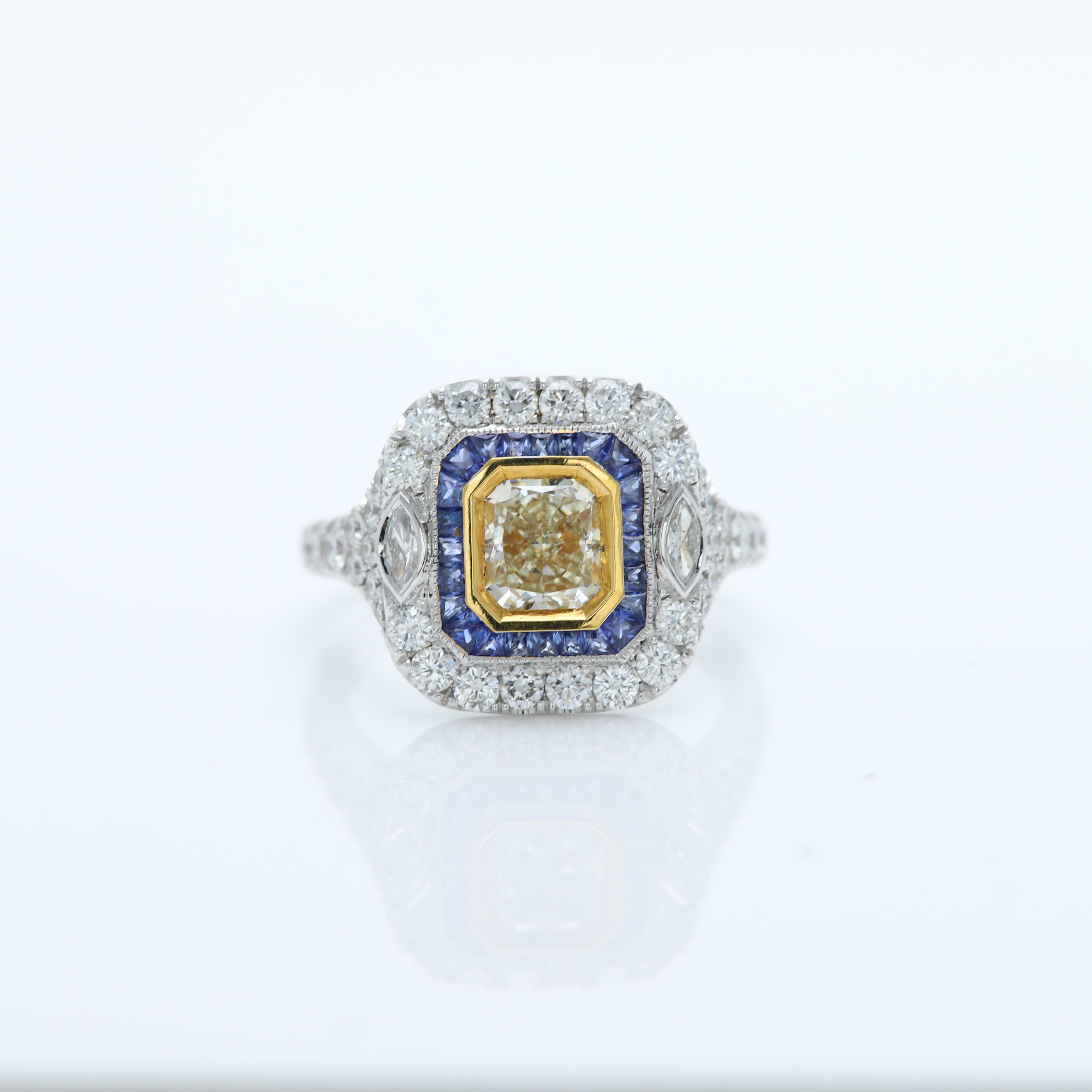Yellow Diamond & Blue Sapphire Ring 18 Karat Two Tone Gold and Diamonds For Sale 1