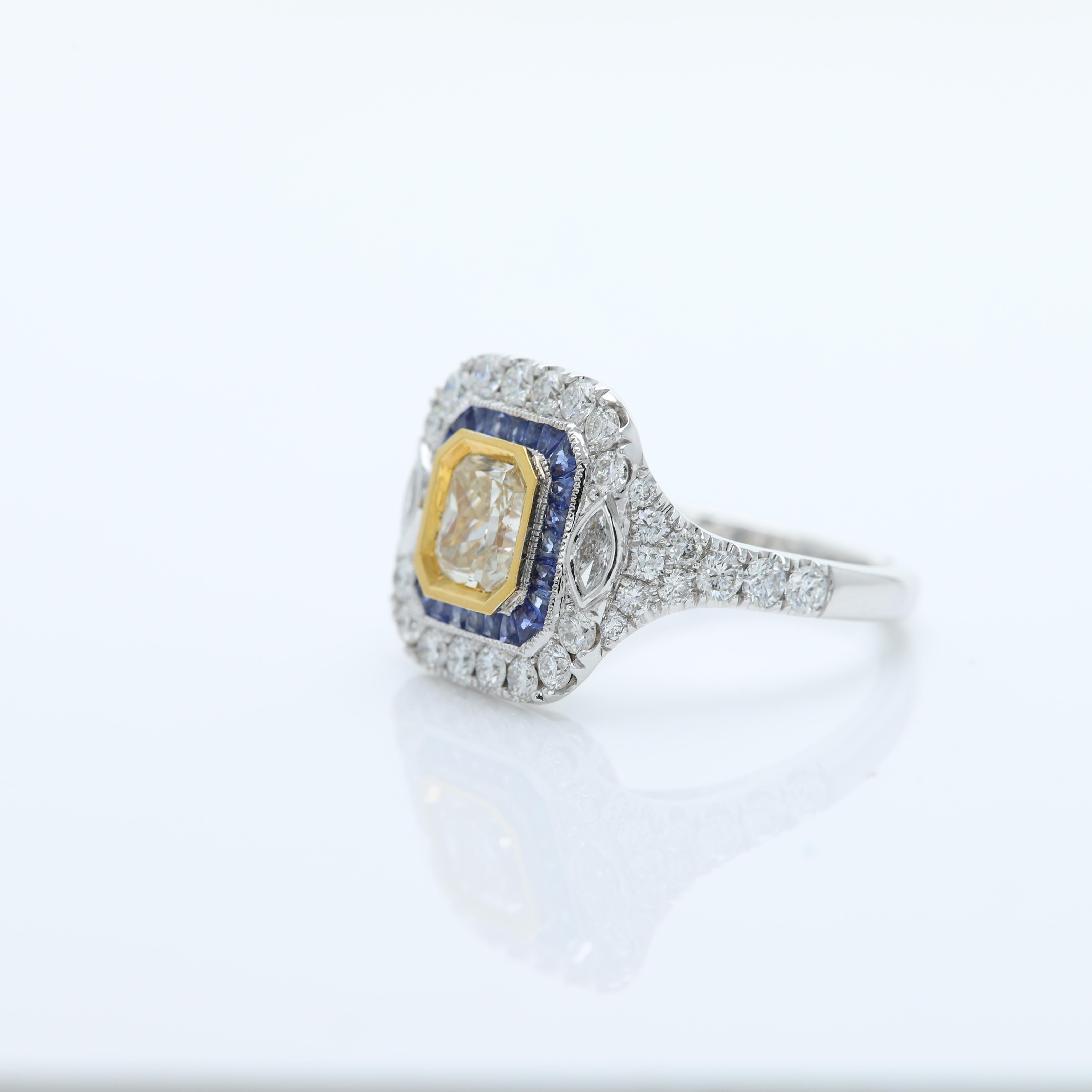 Yellow Diamond & Blue Sapphire Ring 18 Karat Two Tone Gold and Diamonds For Sale 2
