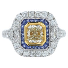 Yellow Diamond & Blue Sapphire Ring 18 Karat Two Tone Gold and Diamonds
