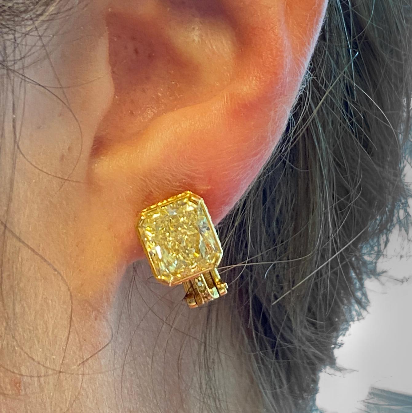 Apart of Bvlgari's long line of high end jewelry, these earrings display two beautiful diamonds encased in 18K yellow gold adding flair and dazzle to your wardrobe.

• Bvlgari
• Italian
• 3 Carats Of Fancy Intense Yellow Diamonds
• 18K Gold