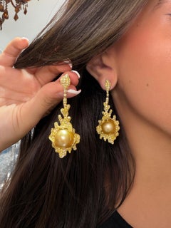 Yellow Diamond Chandelier 6.50 Carat Gold South Sea Pearl Long Earring