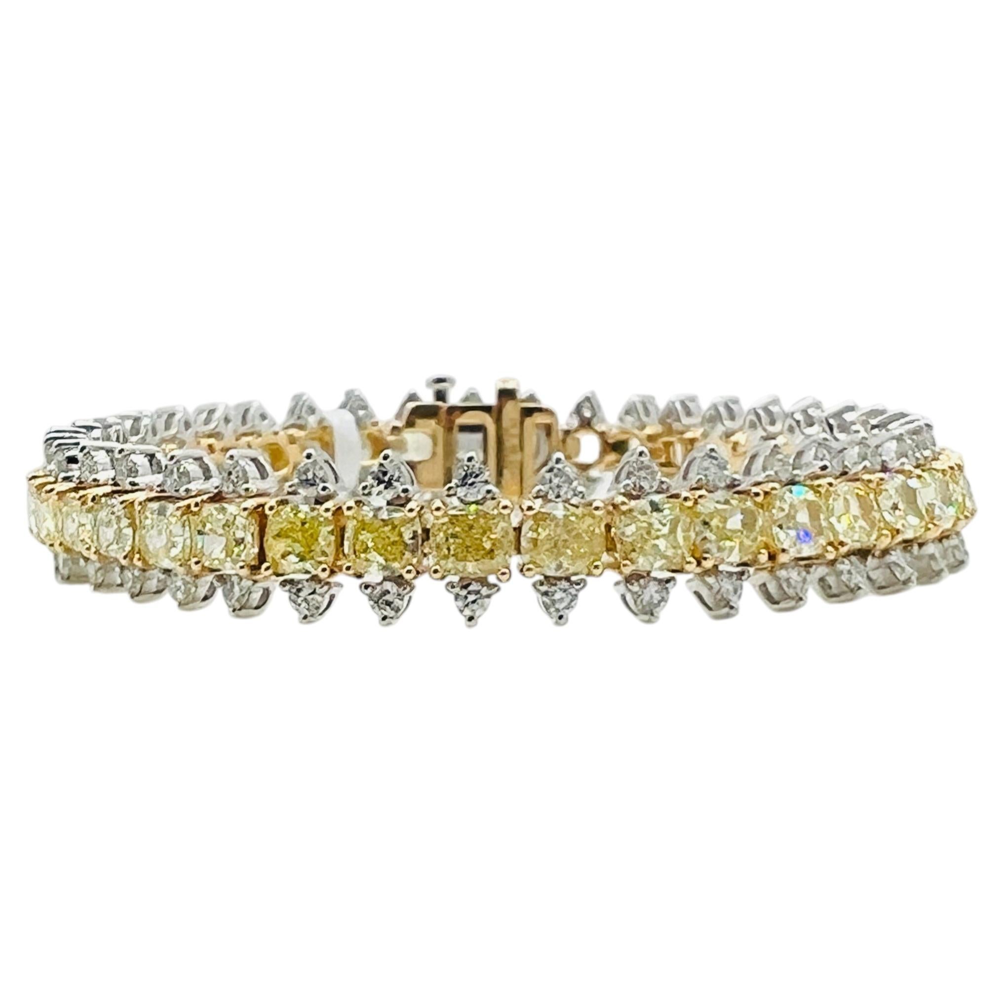 Bracelet avec diamant jaune taille coussin et diamants blancs, en or 18 carats bicolore