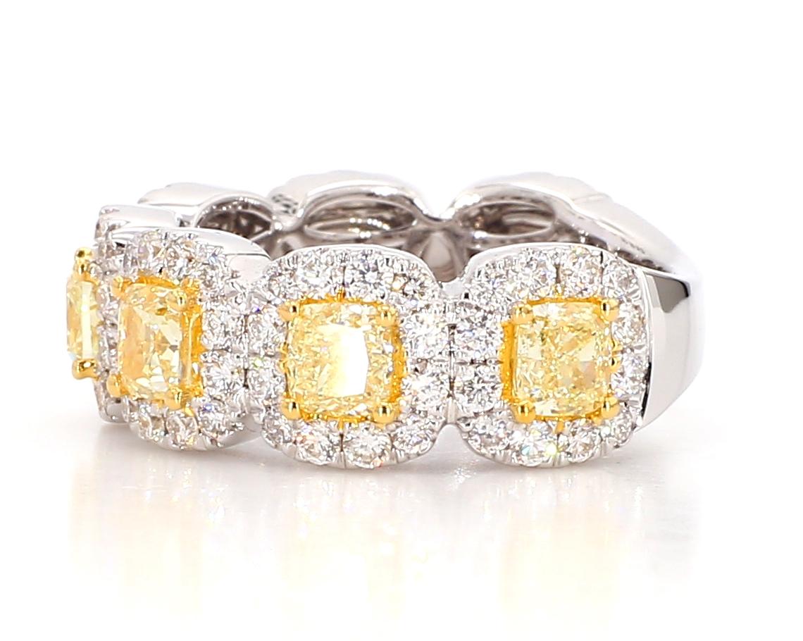Yellow Diamond Cushion Cut 3/4ths Eternity Ring, 2.5 Ct Yellow 18K White Gold In New Condition For Sale In New York, NY