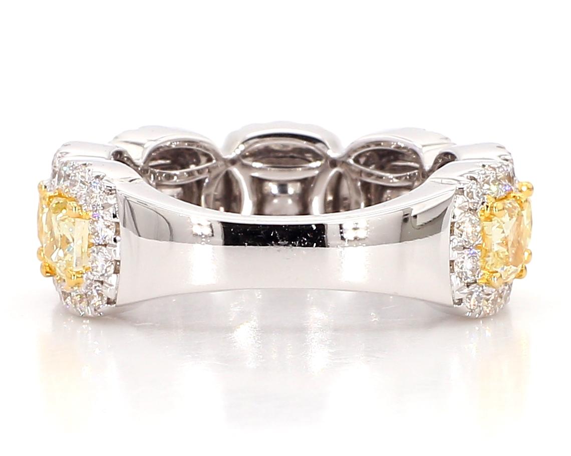 Yellow Diamond Cushion Cut 3/4ths Eternity Ring, 2.5 Ct Yellow 18K White Gold For Sale 1