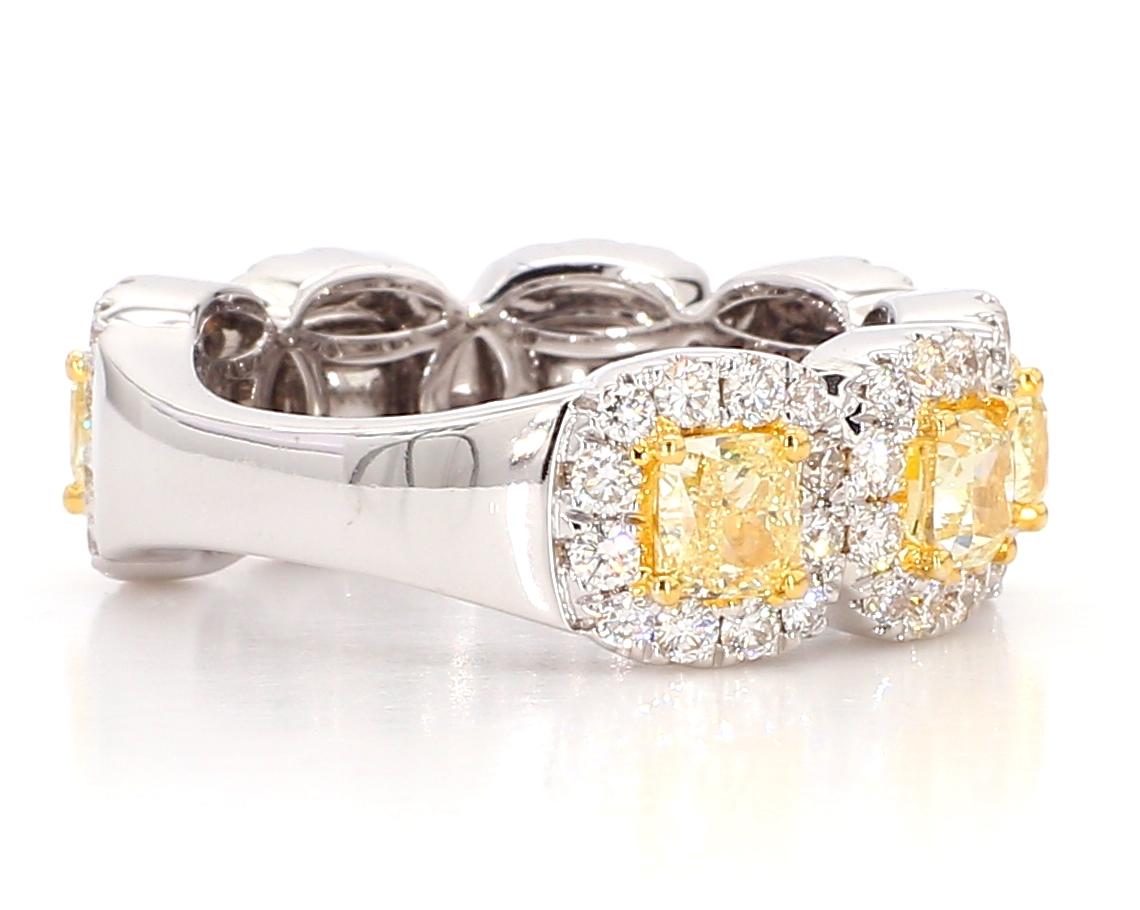 Yellow Diamond Cushion Cut 3/4ths Eternity Ring, 2.5 Ct Yellow 18K White Gold For Sale 2