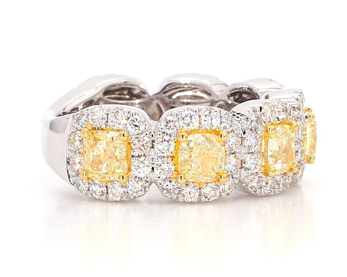 Yellow Diamond Cushion Cut 3/4ths Eternity Ring, 2.5 Ct Yellow 18K White Gold For Sale 3
