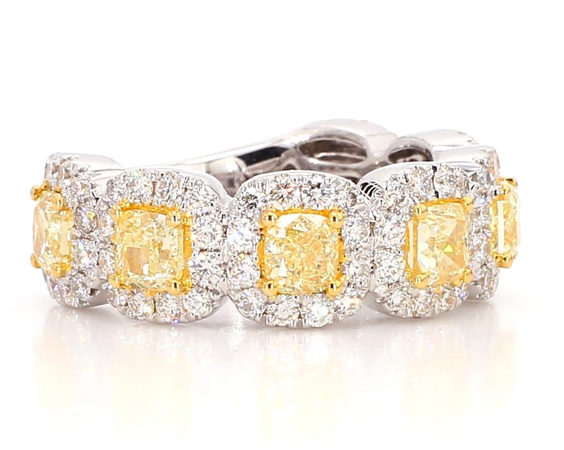 Yellow Diamond Cushion Cut 3/4ths Eternity Ring, 2.5 Ct Yellow 18K White Gold For Sale 4