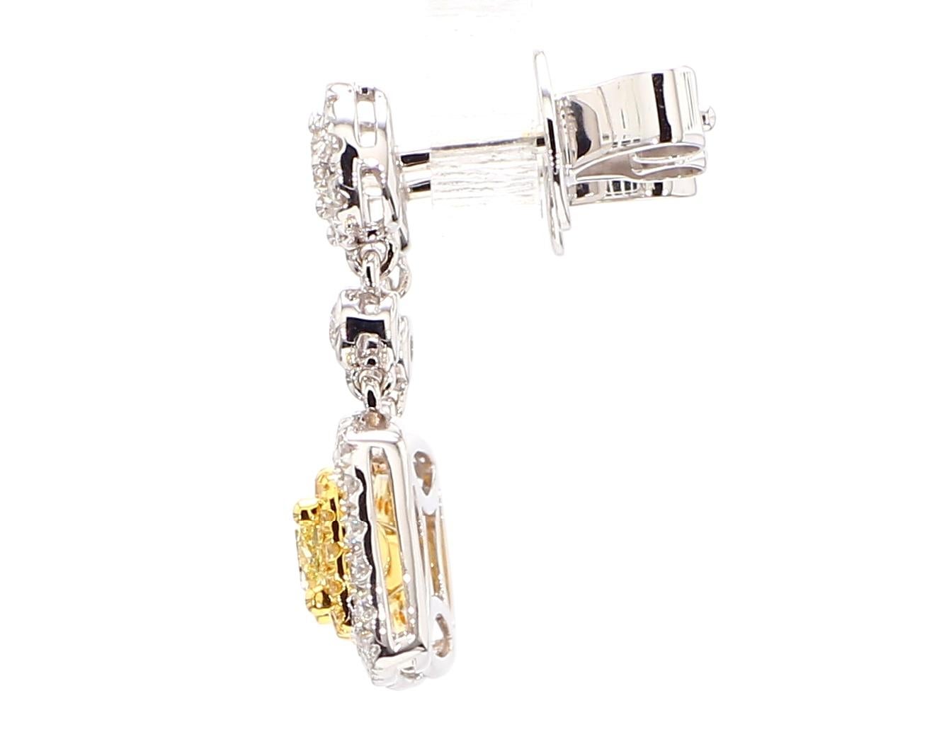 1.36 Carats Total Fancy Yellow Cushion Cut Diamonds Drop Earring 18K White Gold In New Condition In New York, NY