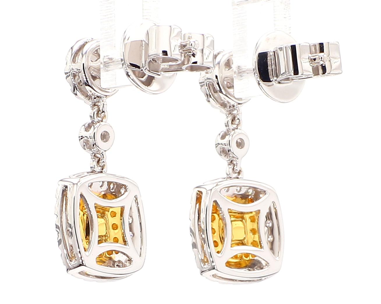 Women's 1.36 Carats Total Fancy Yellow Cushion Cut Diamonds Drop Earring 18K White Gold