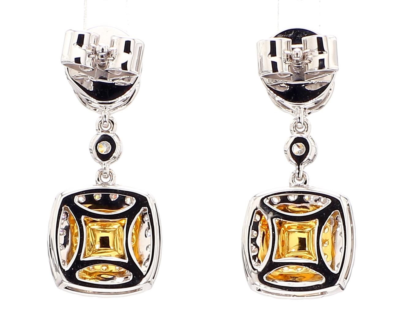 1.36 Carats Total Fancy Yellow Cushion Cut Diamonds Drop Earring 18K White Gold 1