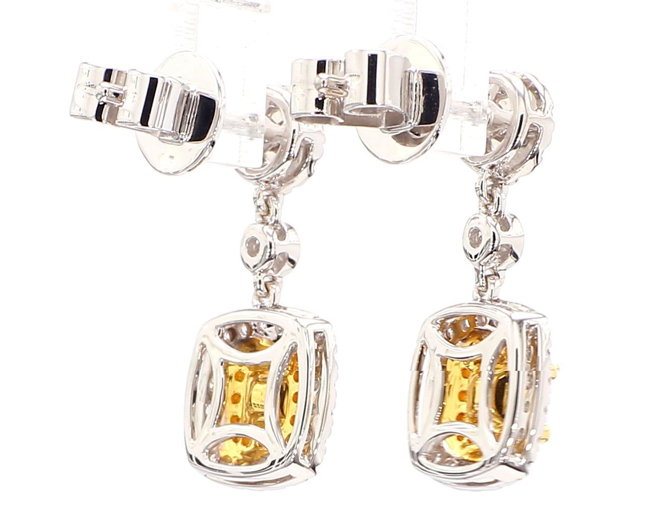 1.36 Carats Total Fancy Yellow Cushion Cut Diamonds Drop Earring 18K White Gold 2